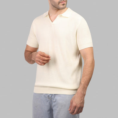 V-NECK RIBBED KNIT POLO  - OFF WHITE - DOCKLAND