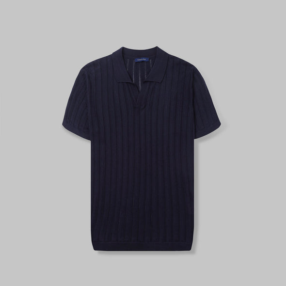 RIBBED KNIT POLO SHIRT- NAVY - DOCKLAND