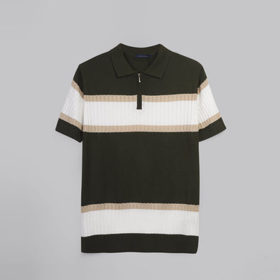 Half Zipper Striped Knitwear Polo  - OLIVE - Dockland