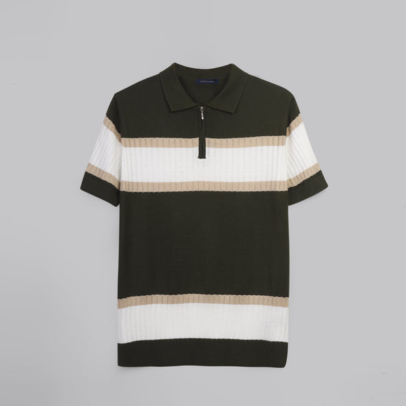 Half Zipper Striped Knitwear Polo  - OLIVE - Dockland