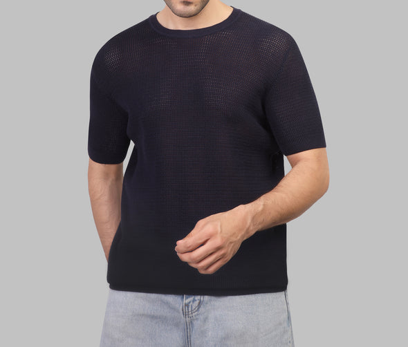 COTTON TEXTURED KNIT T-SHIRT - NAVY - Dockland