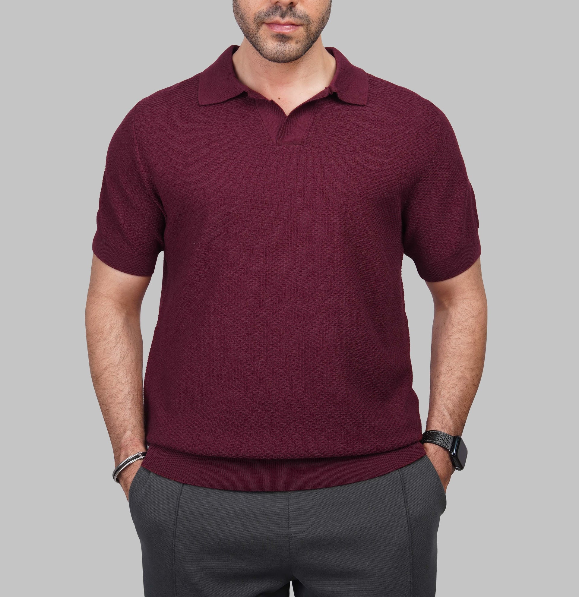 V-Neck Ribbed Knit Polo Shirt - Dockland