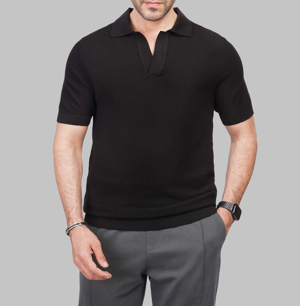 Soft Ribbed V-Neck Knit Polo - Dockland