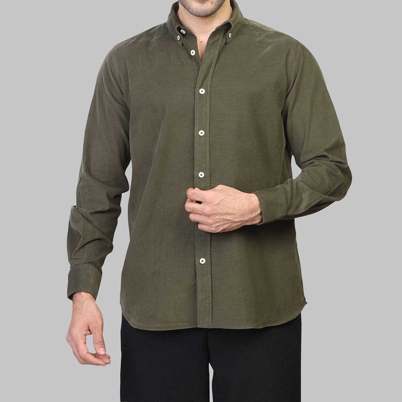 LONG SLEEVE CORDUROY SHIRT- OLIVE
