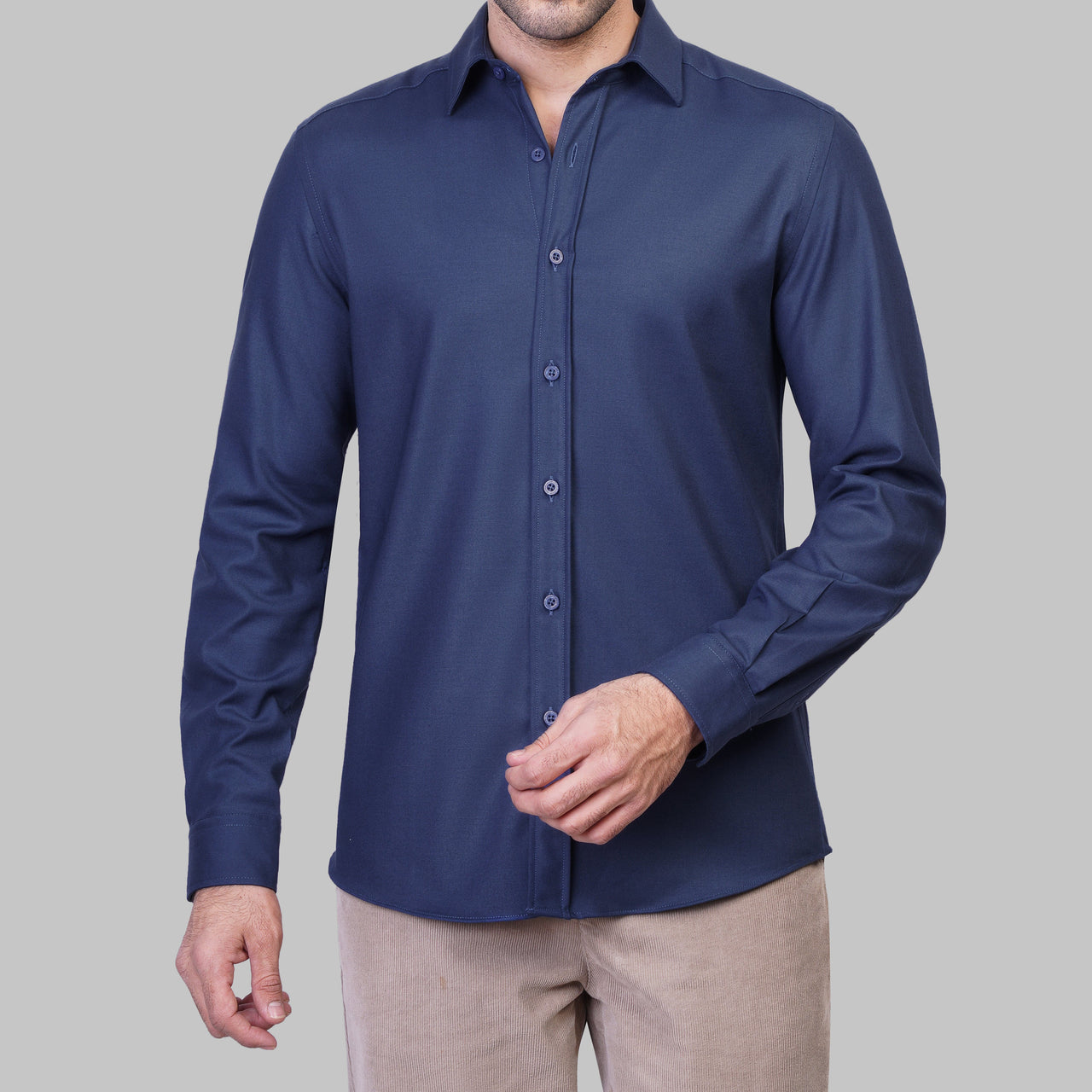 LONG SLEEVE WOOL SHIRT- NAVY