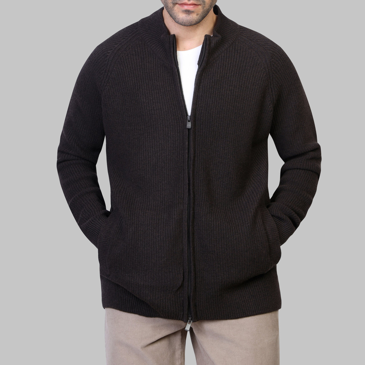 BASIC FULL-ZIP PULLOVER - BROWN