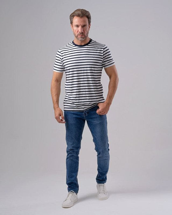 ROUND NECK STRIPED T-SHIRT - NAVY - Dockland