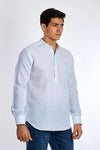 Long-Sleeve Linen Shirt With Mandarin Collar - BLUE - Dockland