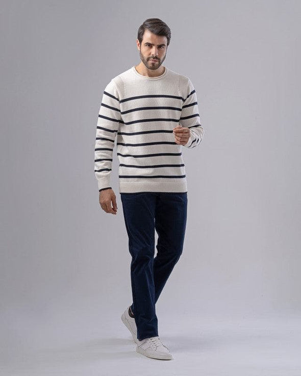 CREW NECK STRIPED SWEATER - OFF WHITE - Dockland