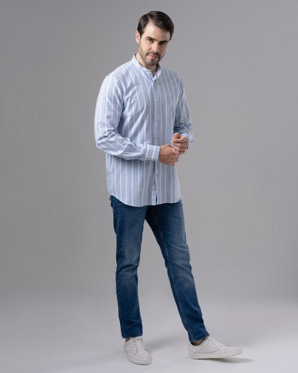 LONG SLEEVE STRIPED SHIRT WITH MANDARIN COLLAR - SKY BLUE - Dockland