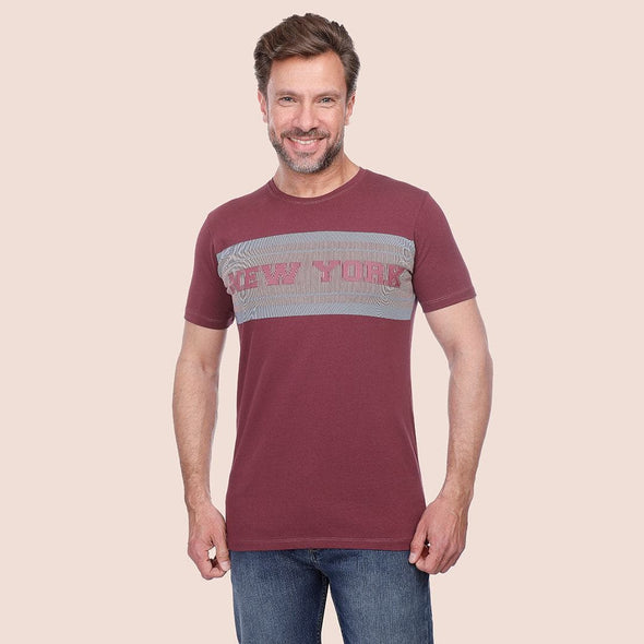 ROUND NECK PRINTED T-SHIRT - DARK  WINE - Dockland