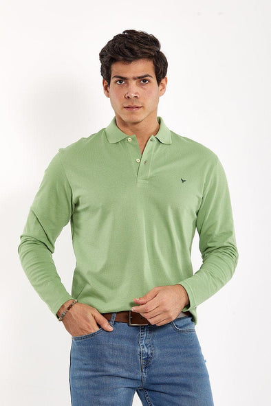 Plain Long-Sleeve Polo Shirt - GREEN OLIVE - Dockland