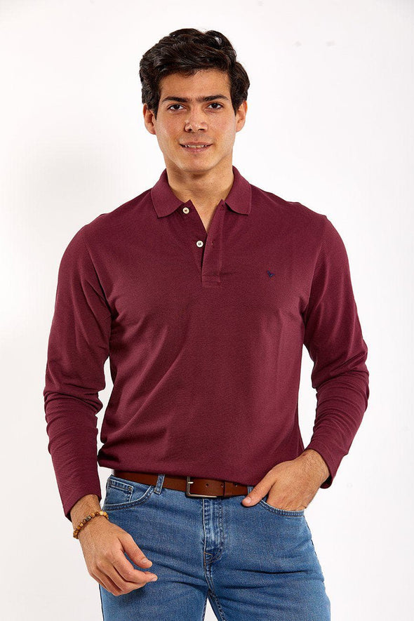Plain Long-Sleeve Polo Shirt - WINE - Dockland
